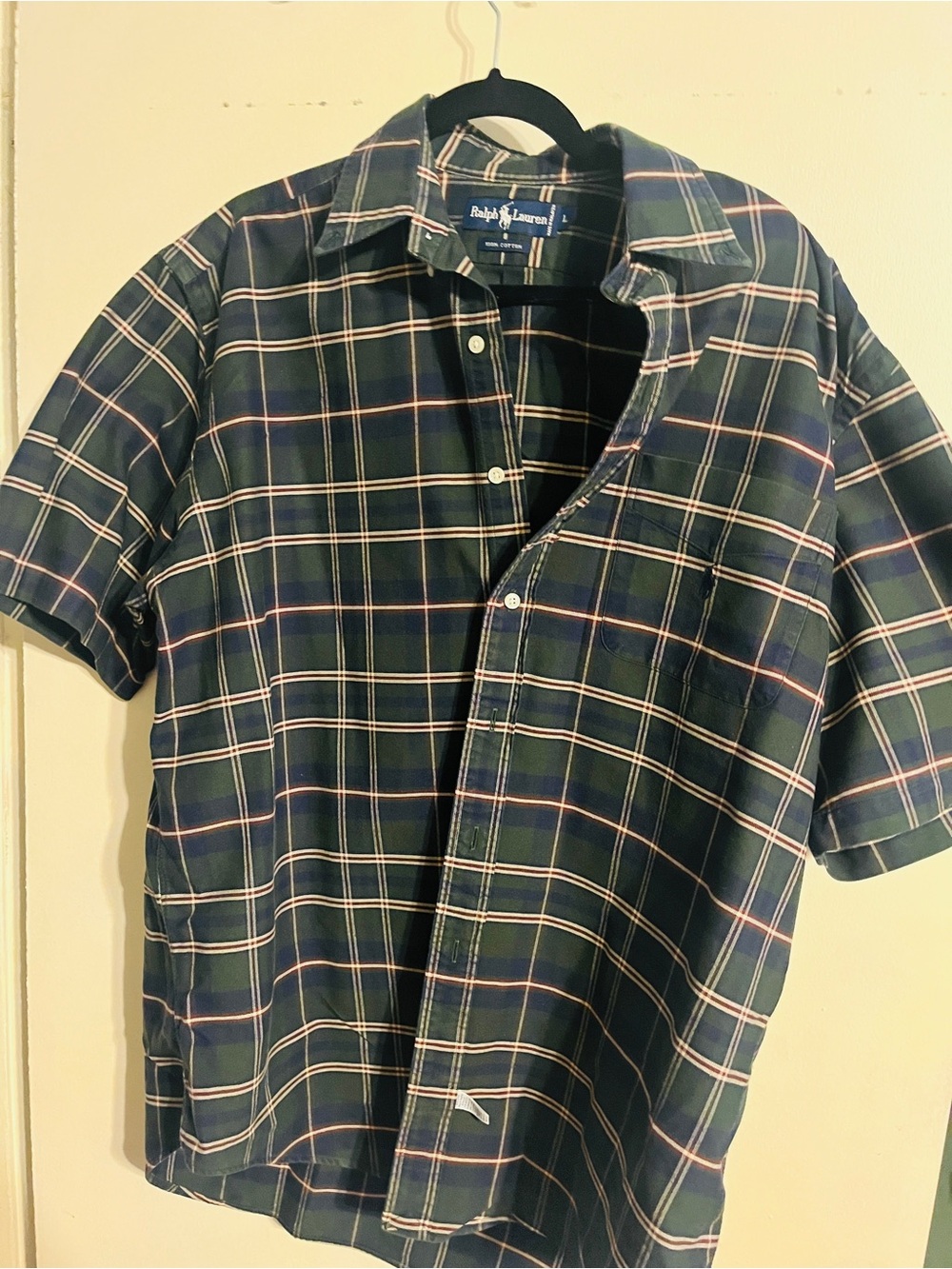 Ralph Lauren Men’s Navy Green Plaid Short-Sleeve Shirt 1990’s